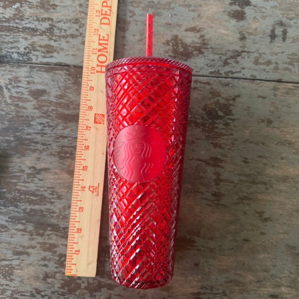 Starbucks Ruby Red Studded Grid Venti Cold Cup Tumbler 24oz with Straw